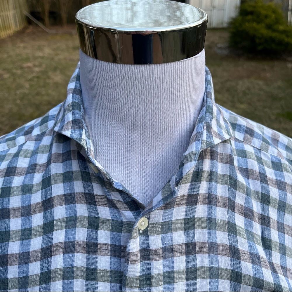 Suitsupply LINEN Check 16/41 Long Sleeve Shirt Cutaway Collar Loose Airy - Picture 2 of 5